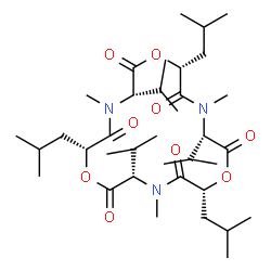 ChemSpider 2D Image | (3S,6R,9S,12R,15S,18R)-6,12,18-Triisobutyl-3,9,15-triisopropyl-4,10,16-trimethyl-1,7,13-trioxa-4,10,16-triazacyclooctadecane-2,5,8,11,14,17-hexone | C36H63N3O9