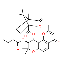 ChemSpider 2D Image | (9R,10R)-2,8,8-Trimethyl-9-[(3-methylbutanoyl)oxy]-4-oxo-9,10-dihydro-4H,8H-pyrano[2,3-f]chromen-10-yl 4,7,7-trimethyl-3-oxo-2-oxabicyclo[2.2.1]heptane-1-carboxylate | C30H36O9