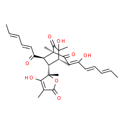 ChemSpider 2D Image | (1R,4S,7R,8S)-7-[(2E,4E)-2,4-Hexadienoyl]-3-hydroxy-8-[(2S)-3-hydroxy-2,4-dimethyl-5-oxo-2,5-dihydro-2-furanyl]-5-[(2E,4E)-1-hydroxy-2,4-hexadien-1-ylidene]-1,3-dimethylbicyclo[2.2.2]octane-2,6-dione | C28H32O8