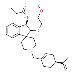 ChemSpider 2D Image | N-[(2R,3R)-1'-{[(4S)-4-Isopropenyl-1-cyclohexen-1-yl]methyl}-2-(2-methoxyethoxy)-2,3-dihydrospiro[indene-1,4'-piperidin]-3-yl]propanamide | C29H42N2O3
