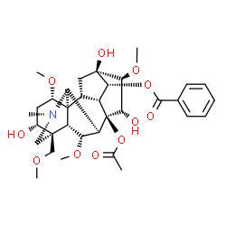 ChemSpider 2D Image | (1alpha,3alpha,6alpha,14alpha,16beta)-8-Acetoxy-3,13,15-trihydroxy-1,6,16-trimethoxy-4-(methoxymethyl)-20-methylaconitan-14-yl benzoate | C33H45NO11