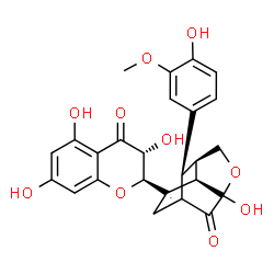 ChemSpider 2D Image | (6R,7R,10S)-3-Hydroxy-10-(4-hydroxy-3-methoxyphenyl)-8-[(2R,3R)-3,5,7-trihydroxy-4-oxo-3,4-dihydro-2H-chromen-2-yl]-4-oxatricyclo[4.3.1.0~3,7~]dec-8-en-2-one | C25H22O10