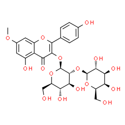 ChemSpider 2D Image | 5-Hydroxy-2-(4-hydroxyphenyl)-7-methoxy-4-oxo-4H-chromen-3-yl 2-O-beta-D-galactopyranosyl-beta-D-glucopyranoside | C28H32O16