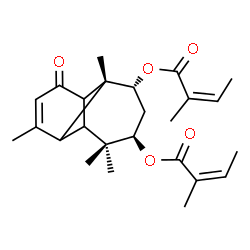 ChemSpider 2D Image | (2R,3R,5R)-2,6,6,9-Tetramethyl-11-oxotricyclo[5.4.0.0~2,8~]undec-9-ene-3,5-diyl (2Z,2'Z)bis(2-methyl-2-butenoate) | C25H34O5