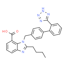 ChemSpider 2D Image | 2-Butyl-1-{[2'-(2H-tetrazol-5-yl)-4-biphenylyl]methyl}-1H-benzimidazole-7-carboxylic acid | C26H24N6O2