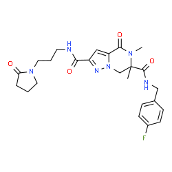ChemSpider 2D Image | N~6~-(4-Fluorobenzyl)-5,6-dimethyl-4-oxo-N~2~-[3-(2-oxo-1-pyrrolidinyl)propyl]-4,5,6,7-tetrahydropyrazolo[1,5-a]pyrazine-2,6-dicarboxamide | C24H29FN6O4