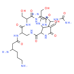 ChemSpider 2D Image | 3,6-Diamino-N-[(6Z)-3-(2-amino-6-hydroxy-1,4,5,6-tetrahydropyrimidin-4-yl)-6-[(carbamoylamino)methylene]-9,12-bis(hydroxymethyl)-2,5,8,11,14-pentaoxo-1,4,7,10,13-pentaazacyclohexadecan-15-yl]hexanamide | C25H43N13O10