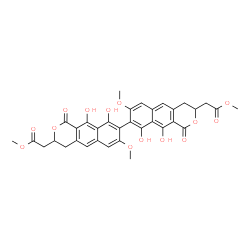 ChemSpider 2D Image | Dimethyl 2,2'-(9,9',10,10'-tetrahydroxy-7,7'-dimethoxy-1,1'-dioxo-3,3',4,4'-tetrahydro-1H,1'H-8,8'-bibenzo[g]isochromene-3,3'-diyl)diacetate | C34H30O14