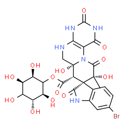 ChemSpider 2D Image | (2R,3R,5R,6S)-2,3,4,5,6-Pentahydroxycyclohexyl (3S,6a'R,7'S,9'R)-6-bromo-6a',9'-dihydroxy-9'-methyl-1',2,3',10'-tetraoxo-1,1',2,2',3',4',5',6',6a',7',9',10'-dodecahydrospiro[indole-3,8'-pyrido[1,2-f]p
teridine]-7'-carboxylate | C25H26BrN5O13