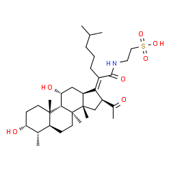 ChemSpider 2D Image | 2-{[(3alpha,4alpha,5alpha,8alpha,9beta,11alpha,13alpha,14beta,16beta,17Z)-16-Acetyl-3,11-dihydroxy-4,8,14-trimethyl-21-oxo-18-norcholest-17-en-21-yl]amino}ethanesulfonic acid | C33H55NO7S