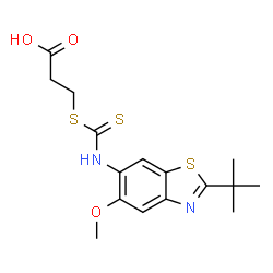 ChemSpider 2D Image | 3-({[5-Methoxy-2-(2-methyl-2-propanyl)-1,3-benzothiazol-6-yl]carbamothioyl}sulfanyl)propanoic acid | C16H20N2O3S3