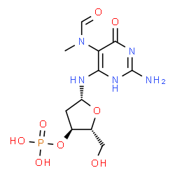 ChemSpider 2D Image | N-{2-Amino-5-[formyl(methyl)amino]-6-oxo-3,6-dihydro-4-pyrimidinyl}-2-deoxy-3-O-phosphono-beta-D-erythro-pentofuranosylamine | C11H18N5O8P