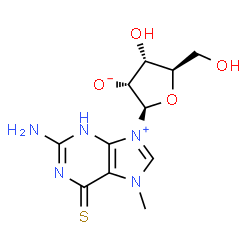 ChemSpider 2D Image | (2R,3R,4R,5R)-2-(2-Amino-7-methyl-6-thioxo-6,7-dihydro-3H-purin-9-ium-9-yl)-4-hydroxy-5-(hydroxymethyl)tetrahydro-3-furanolate | C11H15N5O4S