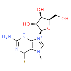 ChemSpider 2D Image | 2-Amino-7-methyl-9-(beta-D-ribofuranosyl)-6-thioxo-6,7-dihydro-3H-purin-9-ium | C11H16N5O4S