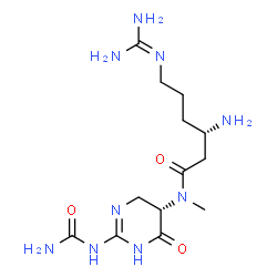 ChemSpider 2D Image | (3S)-3-Amino-N-[(5S)-2-(carbamoylamino)-6-oxo-1,4,5,6-tetrahydro-5-pyrimidinyl]-6-[(diaminomethylene)amino]-N-methylhexanamide | C13H25N9O3