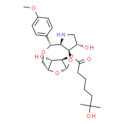 ChemSpider 2D Image | (1R,3S,4S,7R,8R,11R,12S,13R)-4,12-Dihydroxy-8-(4-methoxyphenyl)-2,9,14-trioxa-6-azatricyclo[9.2.1.0~3,7~]tetradec-13-yl 6-hydroxy-6-methylheptanoate | C25H37NO9