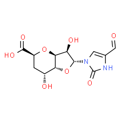 ChemSpider 2D Image | (2R,3R,3aS,5S,7R,7aR)-2-(4-Formyl-2-oxo-2,3-dihydro-1H-imidazol-1-yl)-3,7-dihydroxyhexahydro-2H-furo[3,2-b]pyran-5-carboxylic acid | C12H14N2O8