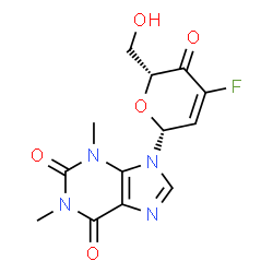 ChemSpider 2D Image | 9-[(2R,6R)-4-Fluoro-6-(hydroxymethyl)-5-oxo-5,6-dihydro-2H-pyran-2-yl]-1,3-dimethyl-3,9-dihydro-1H-purine-2,6-dione | C13H13FN4O5