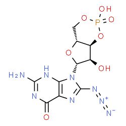 ChemSpider 2D Image | 2-Amino-8-azido-9-[(4aR,6R,7R,7aS)-2,7-dihydroxy-2-oxidotetrahydro-4H-furo[3,2-d][1,3,2]dioxaphosphinin-6-yl]-3,9-dihydro-6H-purin-6-one | C10H12N8O7P