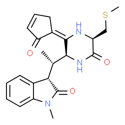 ChemSpider 2D Image | (3S)-1-Methyl-3-{(1S)-1-[(2S,3E,5R)-5-[(methylsulfanyl)methyl]-6-oxo-3-(2-oxo-3-cyclopenten-1-ylidene)-2-piperazinyl]ethyl}-1,3-dihydro-2H-indol-2-one | C22H25N3O3S