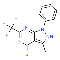 ChemSpider 2D Image | 3-Methyl-1-phenyl-6-(trifluoromethyl)-1,2-dihydro-4H-pyrazolo[3,4-d]pyrimidine-4-thione | C13H9F3N4S