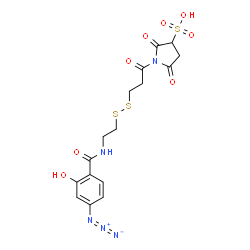 ChemSpider 2D Image | 1-[3-({2-[(4-Azido-2-hydroxybenzoyl)amino]ethyl}disulfanyl)propanoyl]-2,5-dioxo-3-pyrrolidinesulfonic acid | C16H18N5O8S3