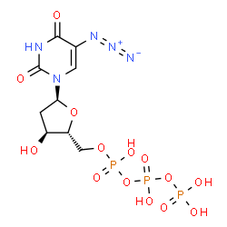 ChemSpider 2D Image | 5-Azido-1-[2-deoxy-5-O-(hydroxy{[hydroxy(phosphonooxy)phosphoryl]oxy}phosphoryl)-alpha-D-erythro-pentofuranosyl]-2,4(1H,3H)-pyrimidinedione | C9H15N5O14P3