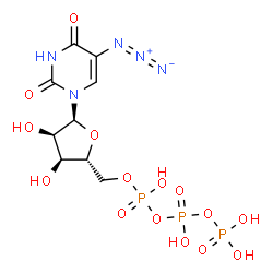 ChemSpider 2D Image | 5-Azido-1-[5-O-(hydroxy{[hydroxy(phosphonooxy)phosphoryl]oxy}phosphoryl)-alpha-D-ribofuranosyl]-2,4(1H,3H)-pyrimidinedione | C9H15N5O15P3