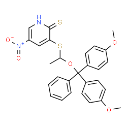 ChemSpider 2D Image | 3-({1-[Bis(4-methoxyphenyl)(phenyl)methoxy]ethyl}sulfanyl)-5-nitro-2(1H)-pyridinethione | C28H26N2O5S2