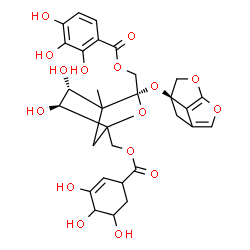 ChemSpider 2D Image | [(3S,5R,6S)-3-[(1aR)-1H-3,4-Dioxacyclobuta[cd]pentalen-1a(2H)-yloxy]-5,6-dihydroxy-4-methyl-1-({[(3,4,5-trihydroxy-2-cyclohexen-1-yl)carbonyl]oxy}methyl)-2-oxabicyclo[2.2.1]hept-3-yl]methyl 2,3,4-trih
ydroxybenzoate | C30H32O16