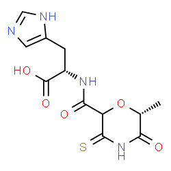 ChemSpider 2D Image | N-{[(6R)-6-Methyl-5-oxo-3-thioxo-2-morpholinyl]carbonyl}-L-histidine | C12H14N4O5S