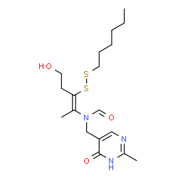 ChemSpider 2D Image | N-[(2Z)-3-(Hexyldisulfanyl)-5-hydroxy-2-penten-2-yl]-N-[(2-methyl-6-oxo-1,6-dihydro-5-pyrimidinyl)methyl]formamide | C18H29N3O3S2