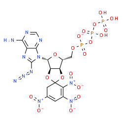 ChemSpider 2D Image | 8-Azido-5'-O-({[hydroxy(phosphonooxy)phosphoryl]oxy}phosphinato)-2',3'-O-(2,3,5-trinitro-2,4-cyclohexadiene-1,1-diyl)adenosine | C16H16N11O19P3