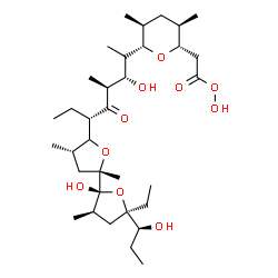 ChemSpider 2D Image | {(2S,3R,5S,6S)-6-[(2S,3S,4S,6R)-6-{(2S,2'R,3'R,4S,5'R)-5'-Ethyl-2'-hydroxy-5'-[(1S)-1-hydroxypropyl]-2,3',4-trimethyloctahydro-2,2'-bifuran-5-yl}-3-hydroxy-4-methyl-5-oxo-2-octanyl]-3,5-dimethyltetrah
ydro-2H-pyran-2-yl}ethaneperoxoic acid | C34H60O10