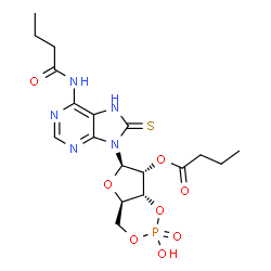 ChemSpider 2D Image | (4aR,6R,7R,7aR)-6-[6-(Butyrylamino)-8-thioxo-7,8-dihydro-9H-purin-9-yl]-2-hydroxy-2-oxidotetrahydro-4H-furo[3,2-d][1,3,2]dioxaphosphinin-7-yl butyrate | C18H24N5O8PS