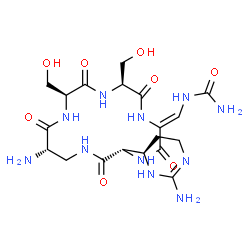 ChemSpider 2D Image | 1-{(Z)-[(3S,9S,12S,15S)-15-Amino-3-[(4R)-2-amino-3,4,5,6-tetrahydro-4-pyrimidinyl]-9,12-bis(hydroxymethyl)-2,5,8,11,14-pentaoxo-1,4,7,10,13-pentaazacyclohexadecan-6-ylidene]methyl}urea | C19H31N11O8
