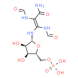 ChemSpider 2D Image | N-[(1E)-3-Amino-1,2-diformamido-3-oxo-1-propen-1-yl]-5-O-phosphono-beta-D-ribofuranosylamine | C10H17N4O10P
