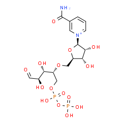 ChemSpider 2D Image | [(2R,3S,4R)-2-[[(2R,3S,4R,5R)-5-(3-carbamoylpyridin-1-ium-1-yl)-3,4-dihydroxy-tetrahydrofuran-2-yl]methoxy]-3,4-dihydroxy-5-oxo-pentyl] phosphono hydrogen phosphate | C16H25N2O15P2