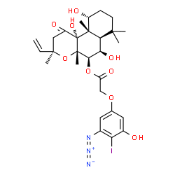 ChemSpider 2D Image | (3R,4aS,5R,6R,6aR,10R,10aS,10bR)-6,10,10b-Trihydroxy-3,4a,7,7,10a-pentamethyl-1-oxo-3-vinyldodecahydro-1H-benzo[f]chromen-5-yl (3-azido-5-hydroxy-4-iodophenoxy)acetate | C28H37IN3O9