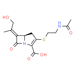 ChemSpider 2D Image | (5R,6E)-3-[(2-Acetamidoethyl)sulfanyl]-6-(1-hydroxy-2-propanylidene)-7-oxo-1-azabicyclo[3.2.0]hept-2-ene-2-carboxylic acid | C14H18N2O5S