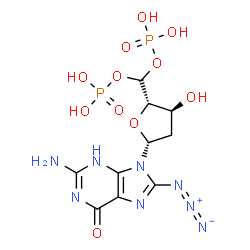 ChemSpider 2D Image | [(2S,3S,5R)-5-(2-Amino-8-azido-6-oxo-3,6-dihydro-9H-purin-9-yl)-3-hydroxytetrahydro-2-furanyl]methylene bis[dihydrogen (phosphate)] | C10H15N8O11P2