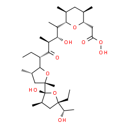 ChemSpider 2D Image | {(2S,3R,5S,6S)-6-[(2S,3S,4S,6R)-6-{(2S,2'R,3'R,4S,5'S)-5'-Ethyl-2'-hydroxy-5'-[(1S)-1-hydroxyethyl]-2,3',4-trimethyloctahydro-2,2'-bifuran-5-yl}-3-hydroxy-4-methyl-5-oxo-2-octanyl]-3,5-dimethyltetrahy
dro-2H-pyran-2-yl}ethaneperoxoic acid | C33H58O10