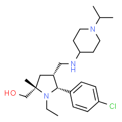 ChemSpider 2D Image | [(2S,4R,5R)-5-(4-Chlorophenyl)-1-ethyl-4-{[(1-isopropyl-4-piperidinyl)amino]methyl}-2-methyl-2-pyrrolidinyl]methanol | C23H38ClN3O