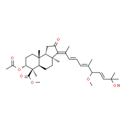 ChemSpider 2D Image | Methyl (3E,3aS,5aR,6R,7R,9aR,9bS)-7-acetoxy-3-[(3E,5E,8E)-10-hydroxy-7-methoxy-6,10-dimethyl-3,5,8-undecatrien-2-ylidene]-3a,6,9a-trimethyl-2-oxododecahydro-1H-cyclopenta[a]naphthalene-6-carboxylate | C34H50O7