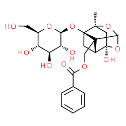 ChemSpider 2D Image | [(2S,3R,5R,6R,8S)-3-(beta-D-Glucopyranosyloxy)-6-hydroxy-8-methyl-9,10-dioxatetracyclo[4.3.1.0~2,5~.0~3,8~]dec-2-yl]methyl benzoate | C23H28O11