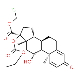 ChemSpider 2D Image | Chloromethyl (8alpha,9beta,10alpha,11alpha,13alpha,14beta,17beta)-17-[(ethoxycarbonyl)oxy]-11-hydroxy-3-oxoandrosta-1,4-diene-17-carboxylate | C24H31ClO7