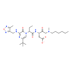 ChemSpider 2D Image | (3S)-5-[Hexyl(methyl)amino]-3-({2-[3-{[(4-methyl-1,2,5-oxadiazol-3-yl)methyl]amino}-5-(2-methyl-2-propanyl)-2-oxo-1(2H)-pyrazinyl]butanoyl}amino)-4-oxopentanoate | C28H44N7O6