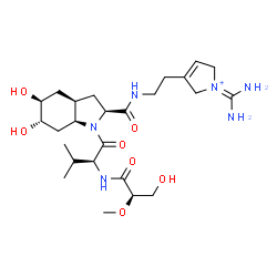 ChemSpider 2D Image | 1-Carbamimidoyl-3-{2-[({(2S,3aR,5S,6S,7aS)-5,6-dihydroxy-1-[(2S)-2-{[(2R)-3-hydroxy-2-methoxypropanoyl]amino}-3-methylbutanoyl]octahydro-1H-indol-2-yl}carbonyl)amino]ethyl}-2,5-dihydro-1H-pyrrolium (n
on-preferred name) | C25H43N6O7