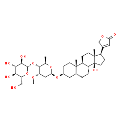 ChemSpider 2D Image | (3beta,5beta)-3-{[2,6-Dideoxy-4-O-(beta-D-glucopyranosyl)-3-O-methyl-beta-D-ribo-hexopyranosyl]oxy}-14-hydroxycard-20(22)-enolide | C36H56O12