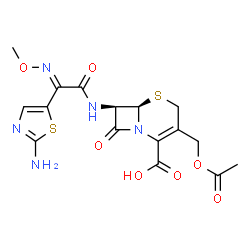 ChemSpider 2D Image | (6R,7R)-3-(Acetoxymethyl)-7-{[(2Z)-2-(2-amino-1,3-thiazol-5-yl)-2-(methoxyimino)acetyl]amino}-8-oxo-5-thia-1-azabicyclo[4.2.0]oct-2-ene-2-carboxylic acid | C16H17N5O7S2